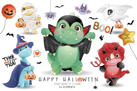 Doodle Dinosaurs Halloween Clipart